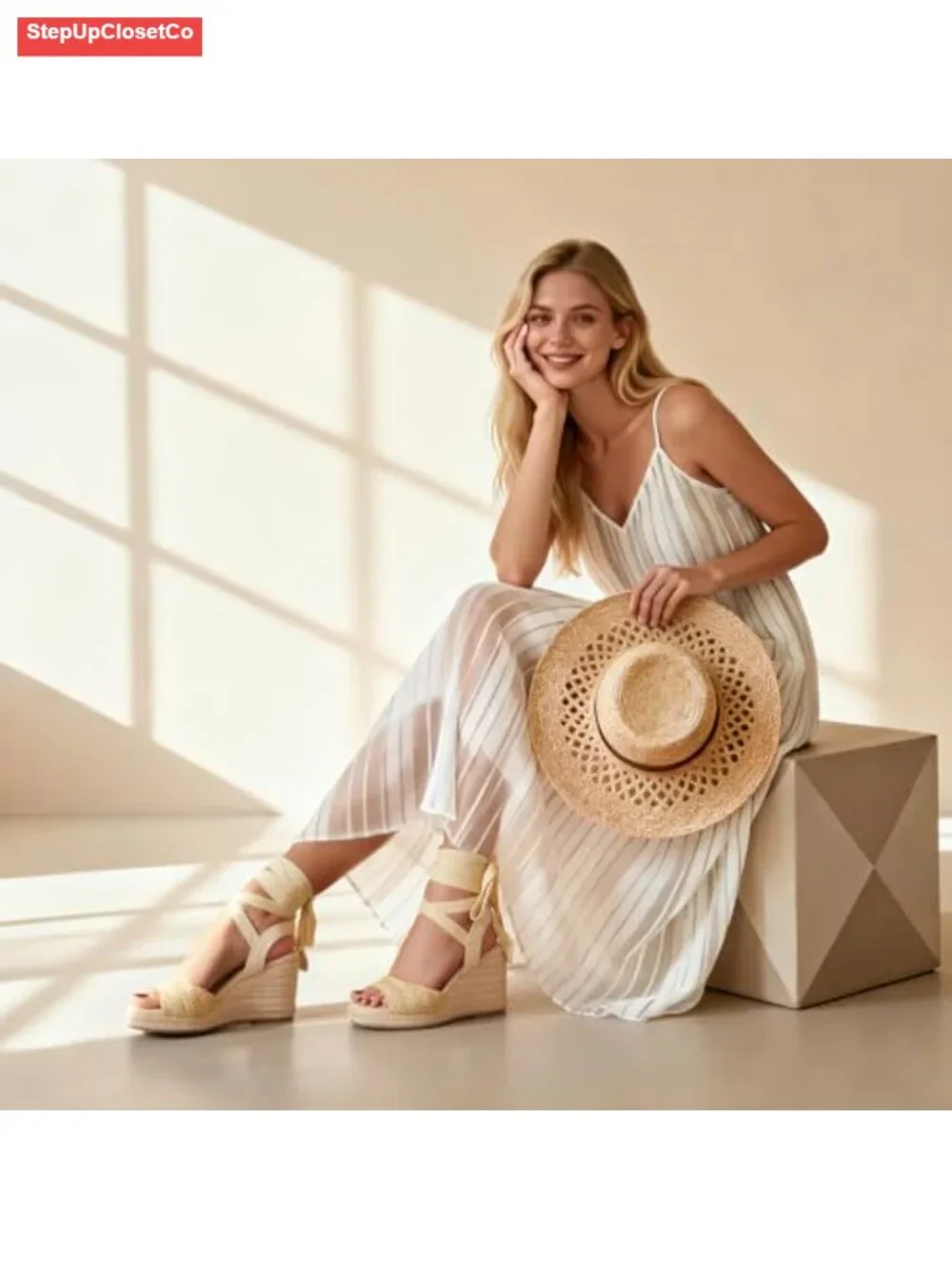 Woven Straw Espadrilles Wedge Sandals Square Toe Ankle Strap Lace Up Summer